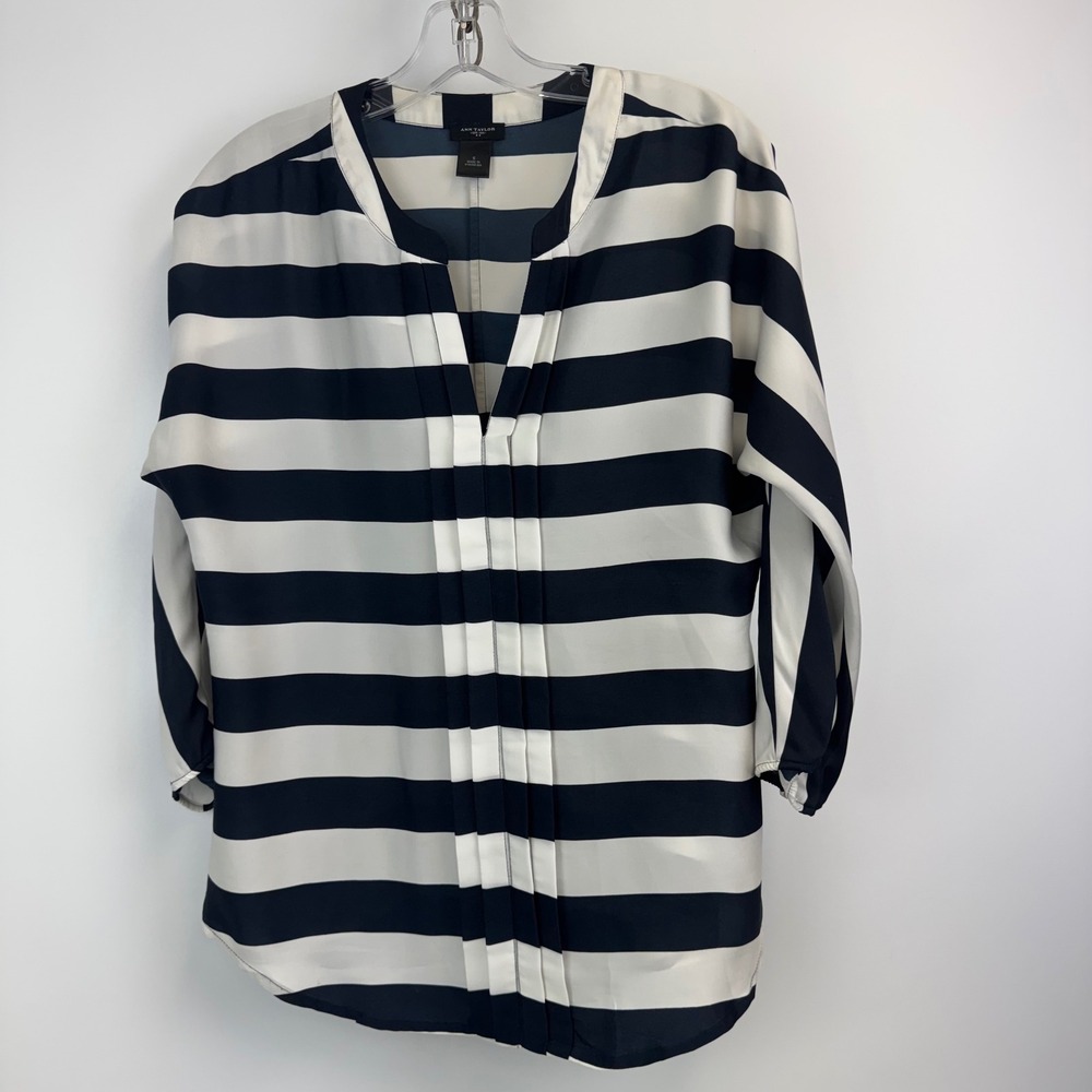Ann Taylor Blouse Women S Navy Cream Striped 3/4 Sleeve‎ Split Neck